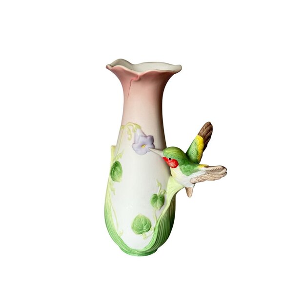 Vintage Enesco Ceramic Vase With Hummingbird & Morning Glory Flowers 6.25" - Picture 1 of 8
